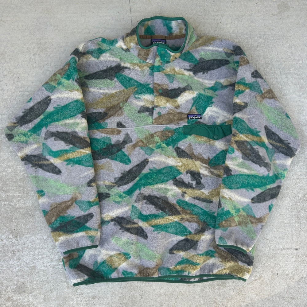 Patagonia Synchilla Snap-T Pullover XXL Green Grey Trout Fish Print Fleece 2014
